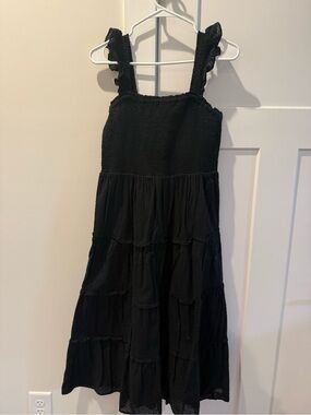 J. Crew Factory Black Smocked Tiered Midi Dress with Ruffle Straps